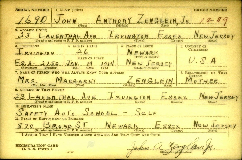 John A. Zenglein Jr. World War II Draft Registration