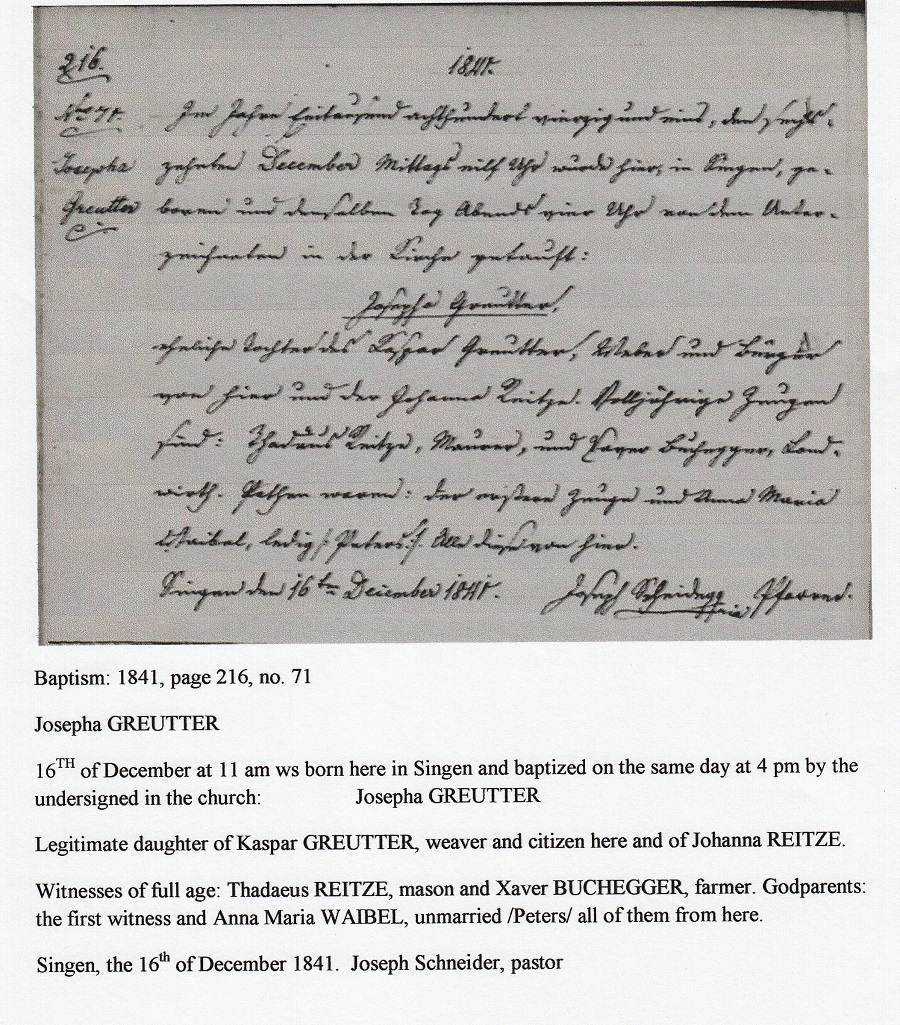 Josepha Greutter Birth Record