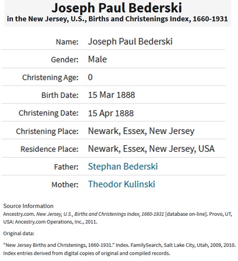 Joseph Paul Bederski Birth Index
