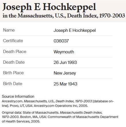 Joseph E. Hochkeppel Death Index