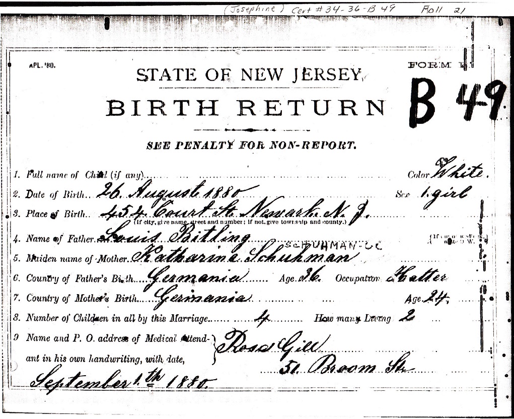 Josephine Bittlingmeier Birth Certificate