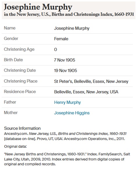 Josephine Veronica Murphy Birth Index