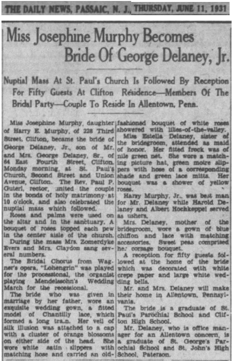 Josephine Veronica Murphy and George Delaney Marriage