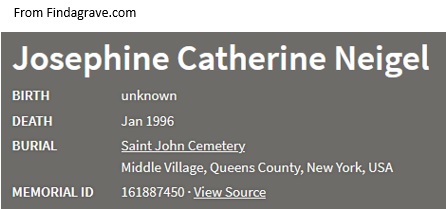 Josephine Neigel Cemetery Record