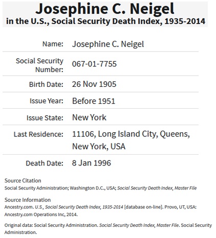 Josephine Neigel Death Index