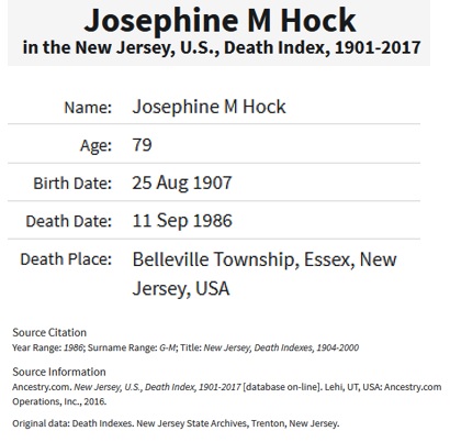 Josephine Rears Hock Death Index