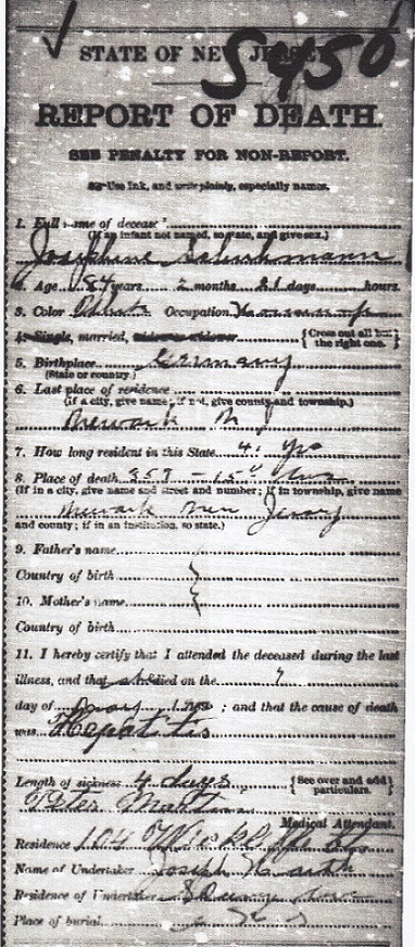 Josephina Hirschel (<i>Hohschel</i>) Schuhmann Death Certificate