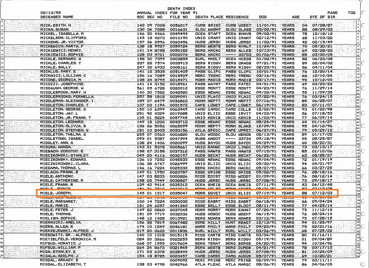 Joseph Miele Death Index