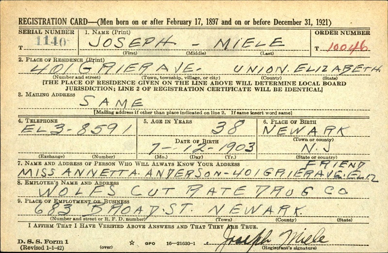 Joseph Miele World War II Draft Registration