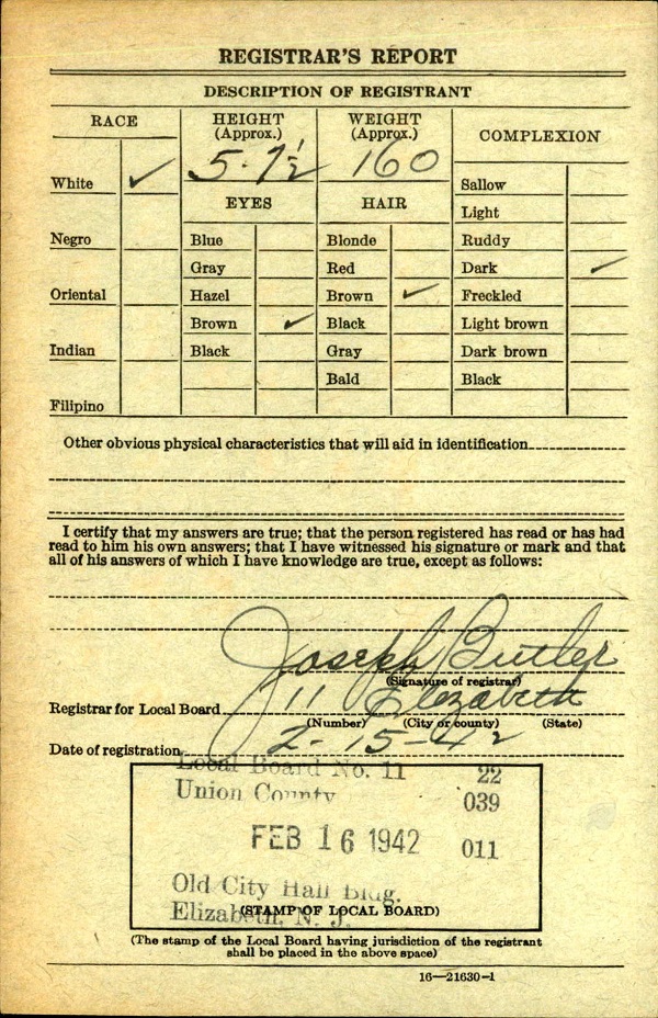 Joseph Miele World War II Draft Registration