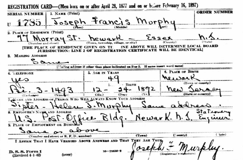 Joseph Francis Murphy's World War II Draft Registration Card Part 1