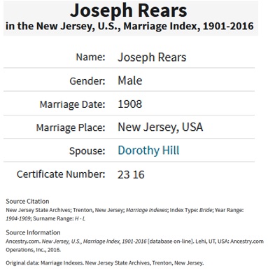Joseph Oliver Rears and Dorothy Hill Marriage