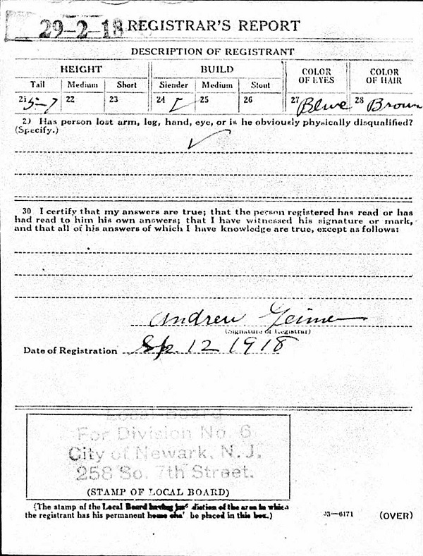 Joseph Oliver Reuss (Rears) WW1 Draft Registration