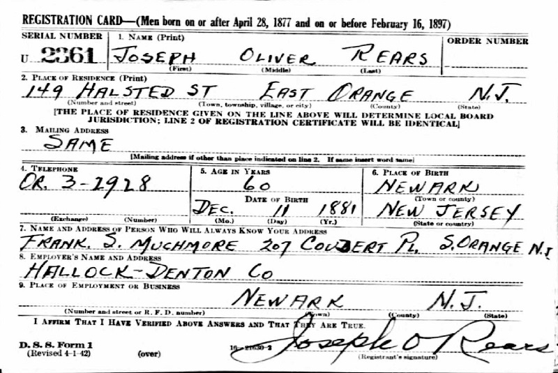 Joseph Oliver Reuss (Rears) WW2 Draft Registration