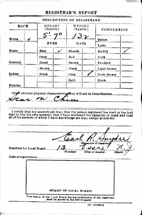 Joseph Oliver Reuss (Rears) WW2 Draft Registration