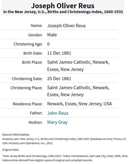 Joseph Oliver Reuss Birth Index