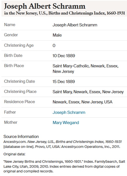 Joseph Albert Schramm Birth Record