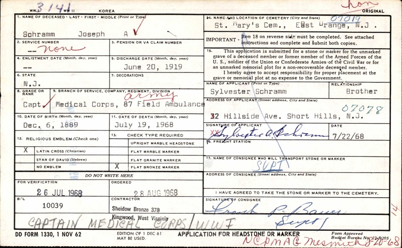 Joseph Albert Schramm Headstone Application