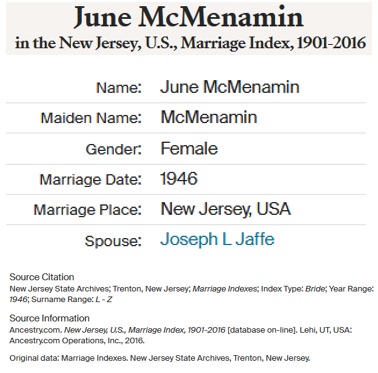June McMenamin and Joseph Jaffe Marriage