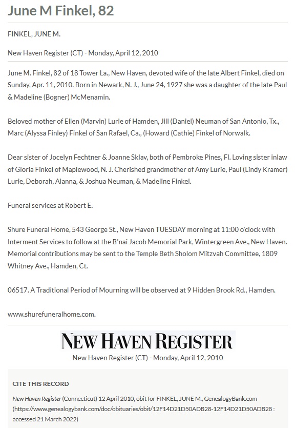 June McMenamin Finkel Obituary