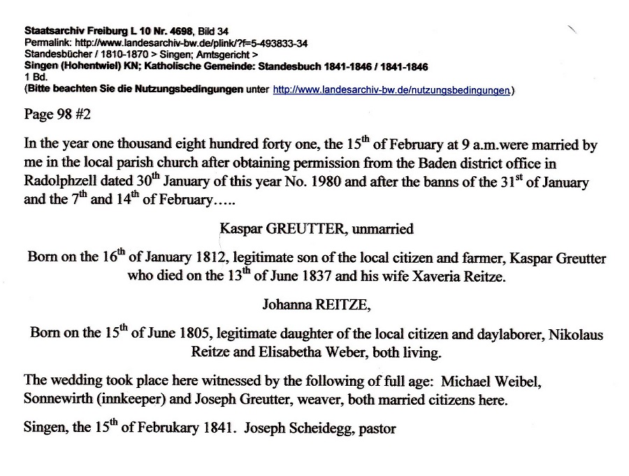 Kaspar Greutter and Johanna Reitze Marriage record 2