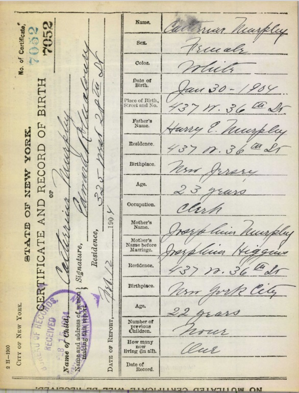 Kathryn Murphy Birth Certificate