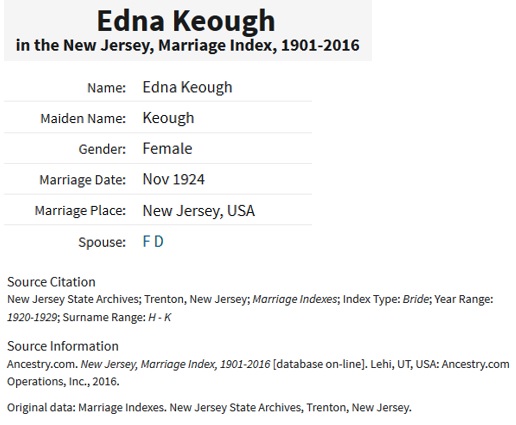 Fred Dumont and Edna Keough Marriage Index