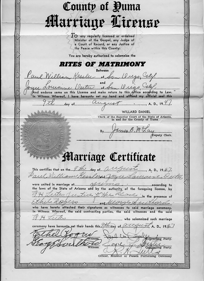 Paul Kessler and Joyce Deeter Marriage Certificate