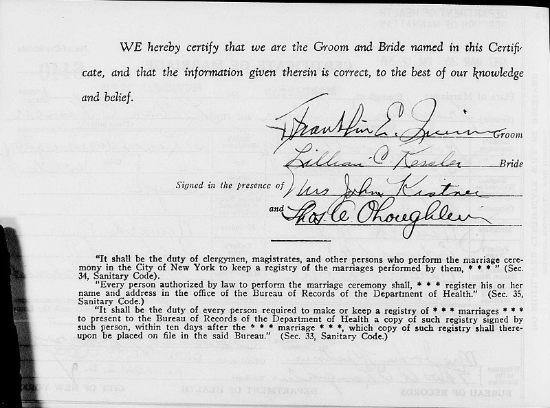 Lillian Kessler and Frank Quinn Marriage Certificate