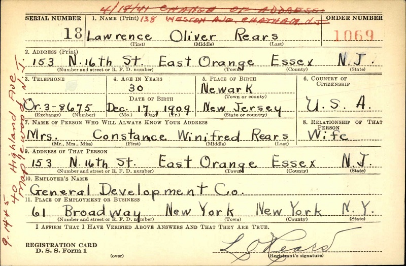 Lawrence Oliver Rears WW2 Draft Registration