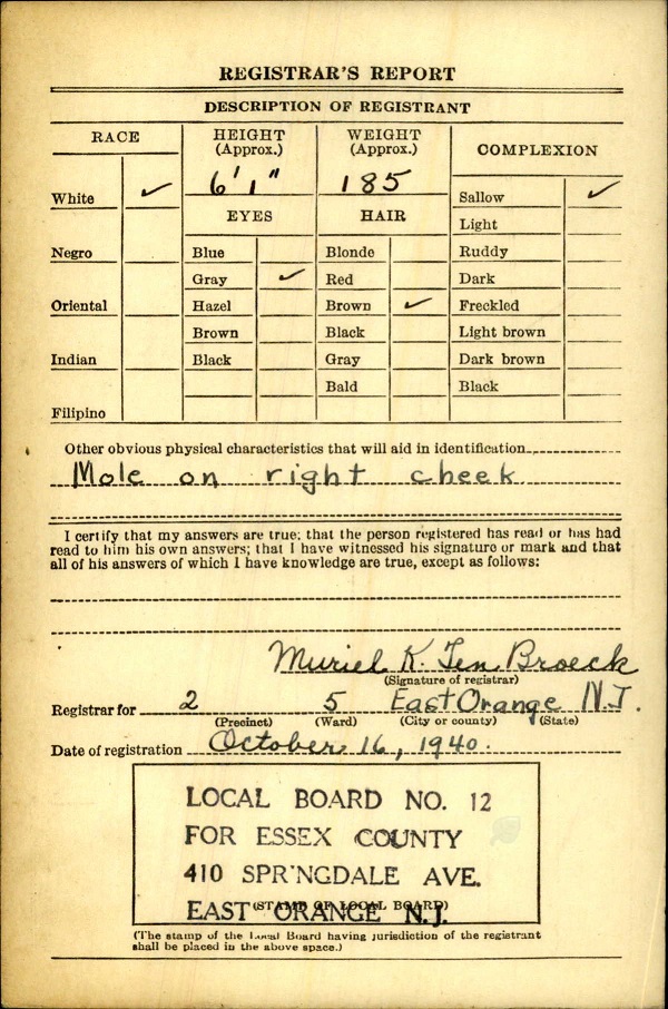 Lawrence Oliver Rears WW2 Draft Registration