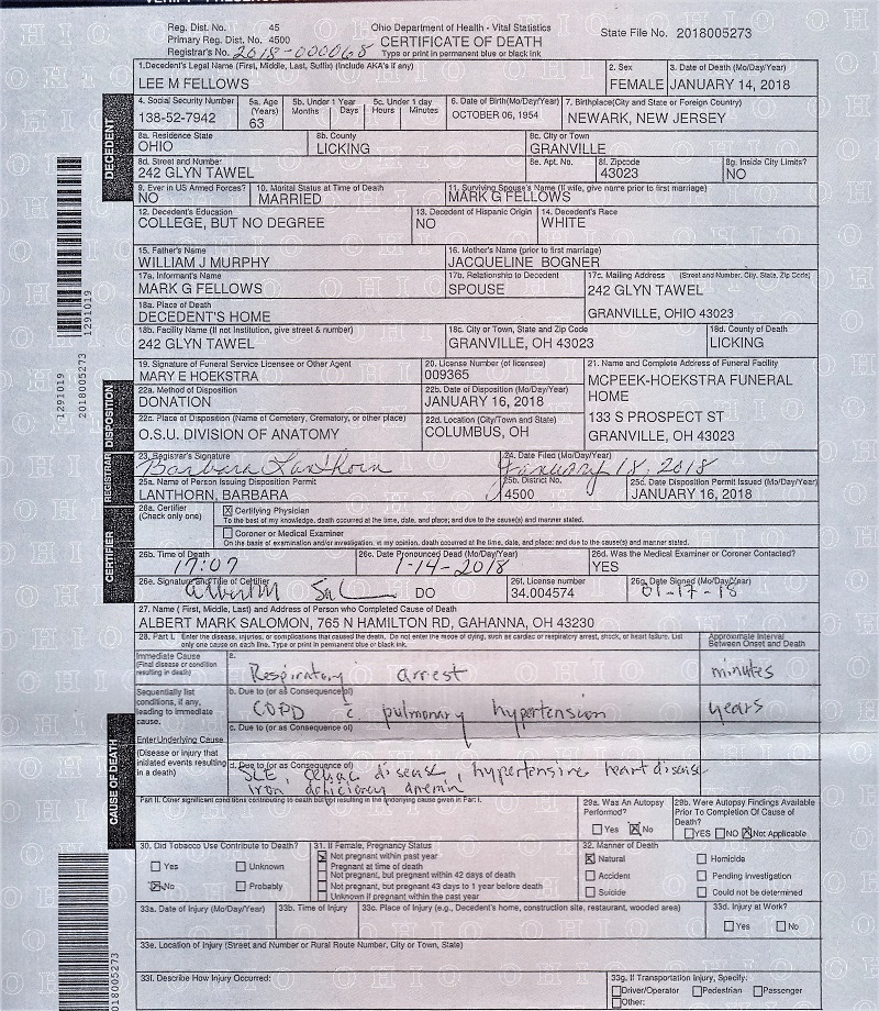 Lee Murphy Fellows Death Certificate