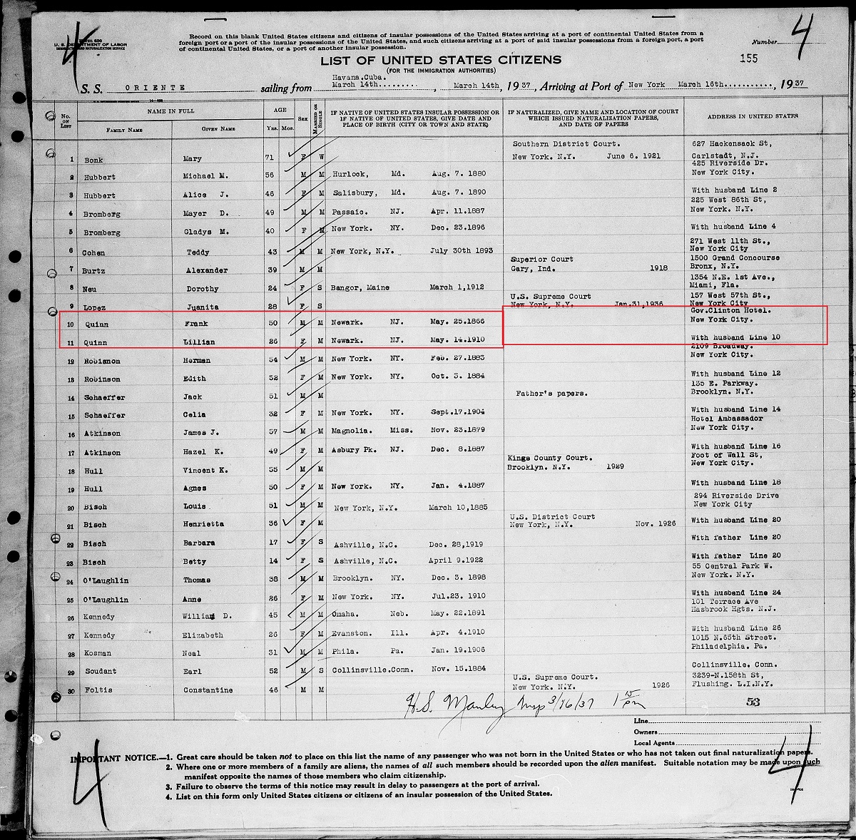 Lillian Kessler and Frank Quinn Dates of Birth