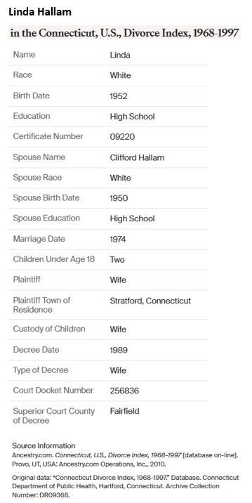 Linda Bechtold Nevins Hallam Divorce Record