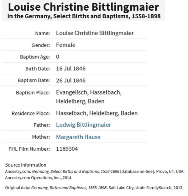 Louisa Christine Bittlingmeier Birth Index
