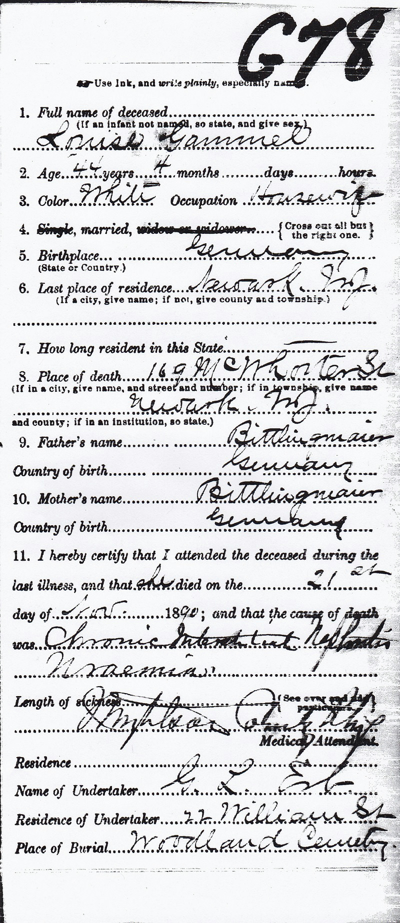 Louisa Bittlingmeier Schneider Becthold Gammel Death Certificate