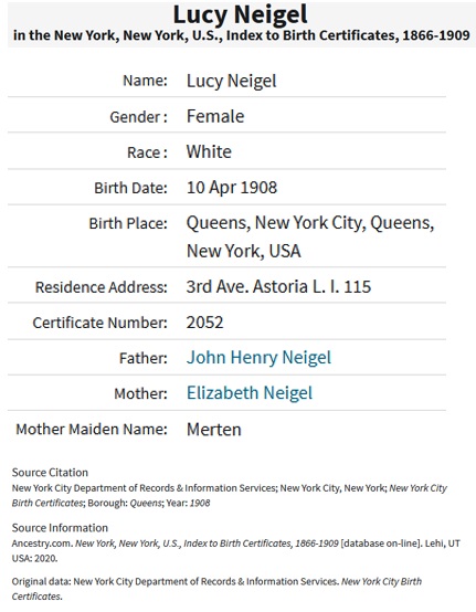 Lucy Neigel Birth Index