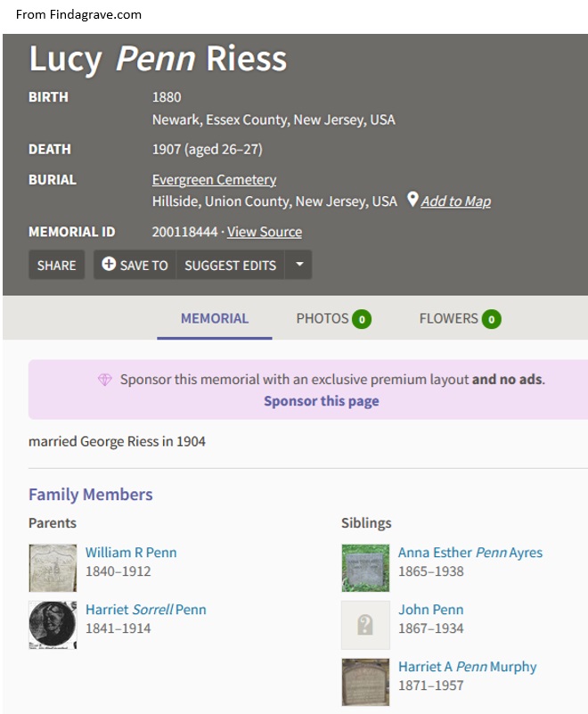 Lucy Penn Riess Cemetery Record