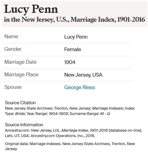 Lucy Penn and George Riess Marriage Index