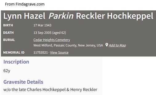 Lynn Parkin Hochkeppel Reckler Cemetery Record