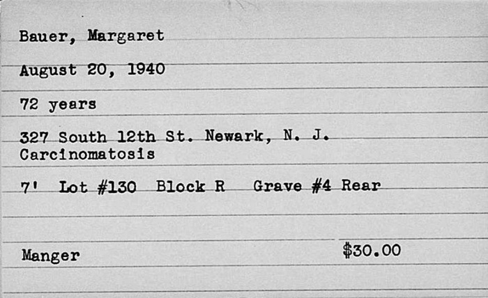 The Woodland Cemetery Index Card of Margaret Greuter Bauer