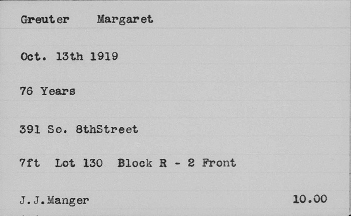 The Woodland Cemetery Index Card for Margaret Surbeck Greuter