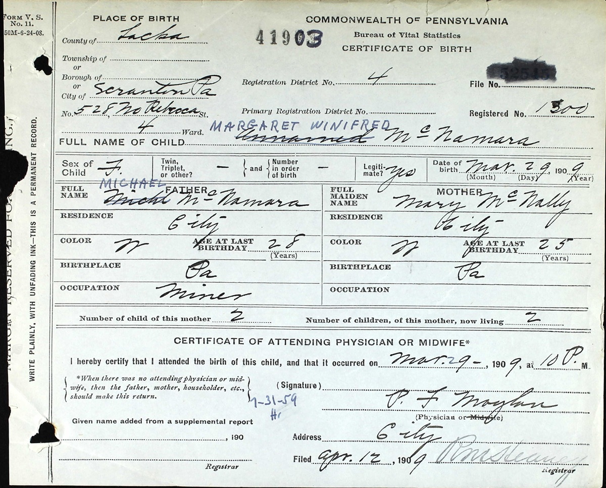 Margaret Winifred McNamara Birth Certificate