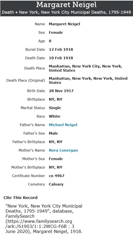Margaret Neigel Death Record