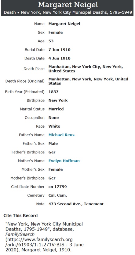 Margaret Reuss Neigel Death Record