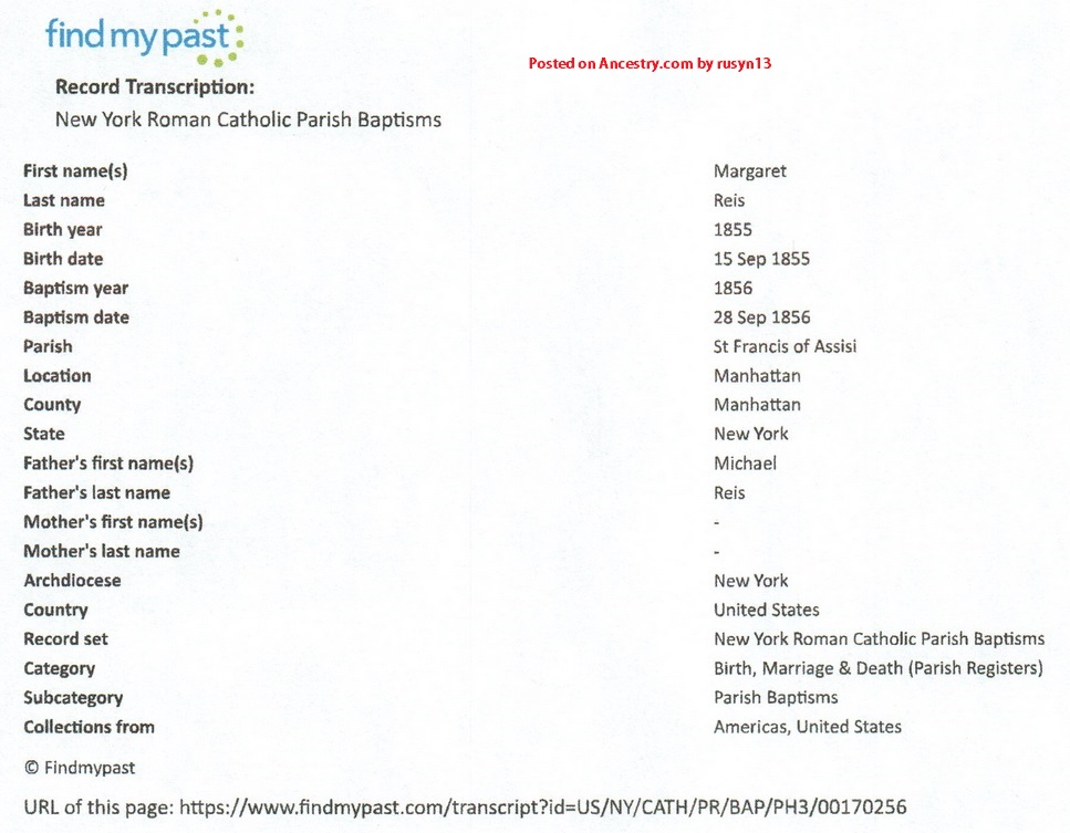 Margaret Reuss Birth Record