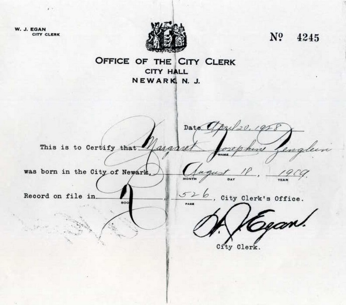 Margaret Josephine Zenglein Birth Record