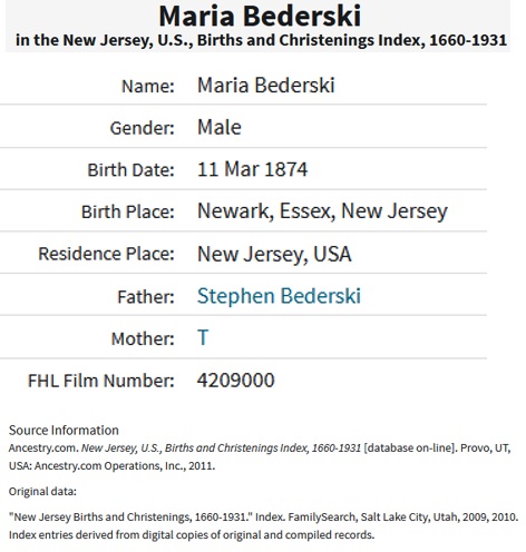 Maria Bederski Birth Index