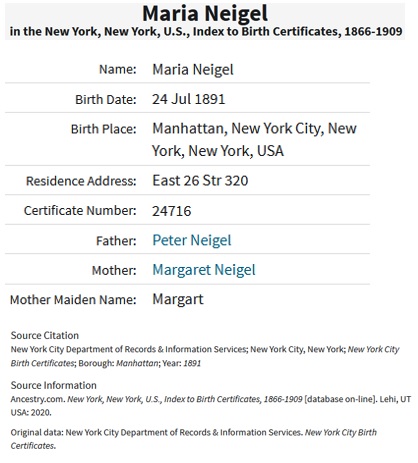 Mary Agnes Neigel Birth Record