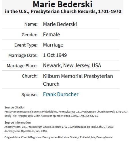 Marie Bederski and Frank Durocher Marriage Record